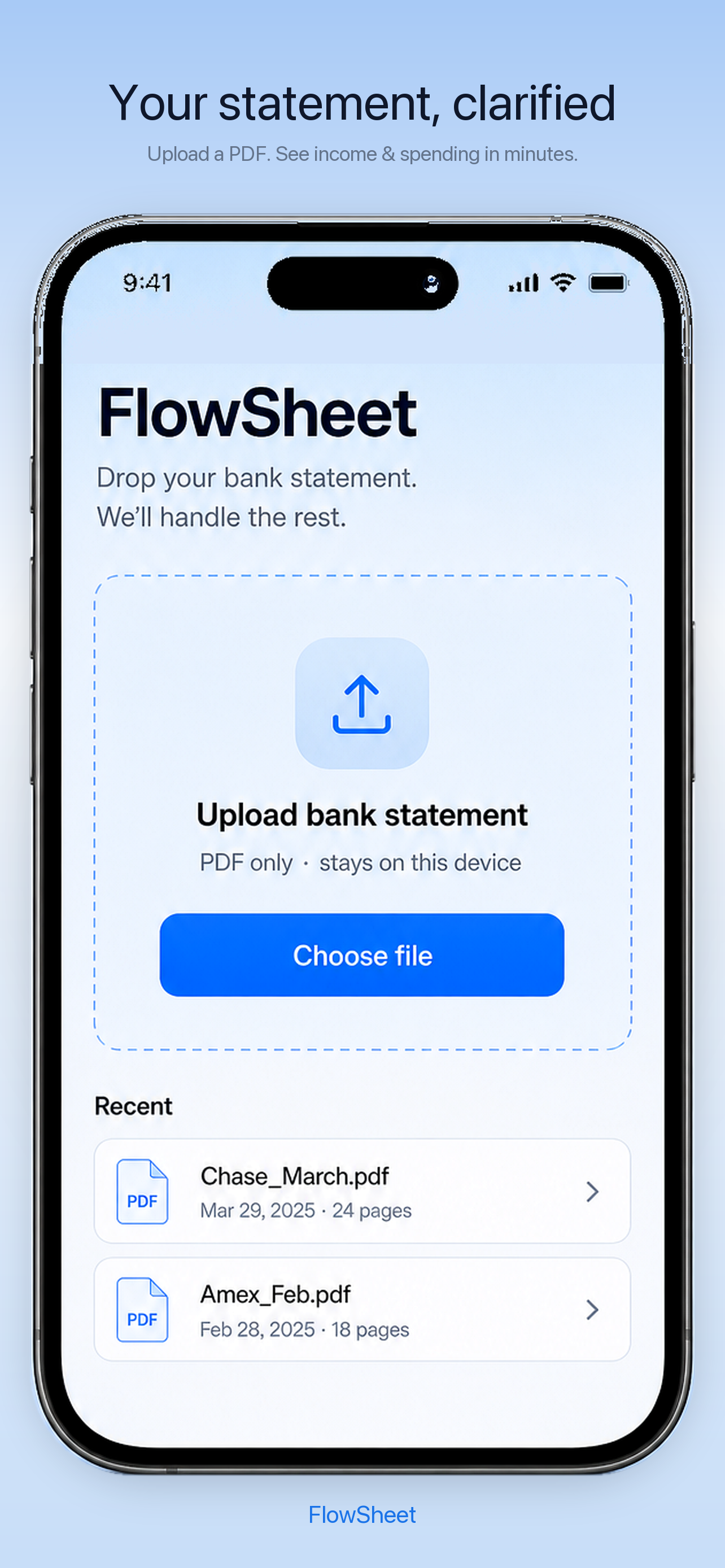 StatementAI app showing bank statement upload on iPhone